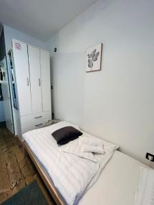 een slaapkamer met een bed en een witte muur bij Lu-Lu room in Požega