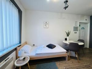 Lu-Lu room في بوزيغا: غرفة نوم بسرير ومكتب وطاولة