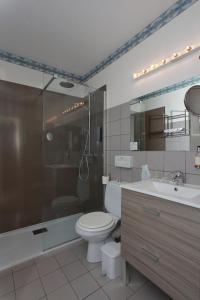 a bathroom with a toilet and a shower and a sink at Logis Le Luth in Mirecourt