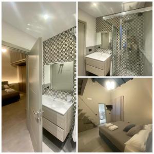 3 Bilder eines Badezimmers mit einem Waschbecken und einer Badewanne in der Unterkunft Sogni d'artista in Pietrasanta
