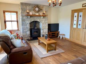a living room with a couch and a fireplace at Ballydonnellan in Westport