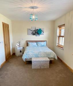 a bedroom with a bed and a chandelier at Ballydonnellan in Westport
