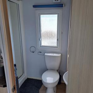 een kleine badkamer met een toilet en een raam bij CJ & Daisies Holiday Home in Prestatyn