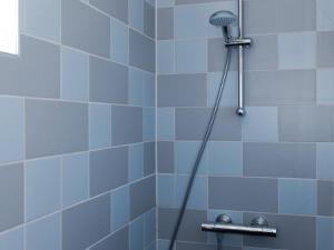 a shower with blue and white tiles in a bathroom at Bungalow near De Alde Feanen with Spa in Earnewâld +21 photos