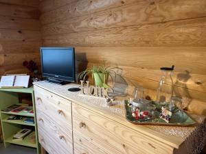 biurko z telewizorem na drewnianej ścianie w obiekcie BnB Blockhausfeeling w mieście Walenstadtberg