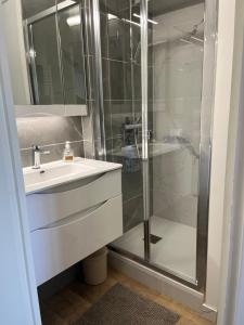 łazienka z umywalką i prysznicem w obiekcie Mon balcon face à la mer - les Marinas Deauville w mieście Deauville +8 zdjęć