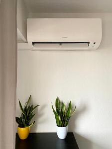 two potted plants sitting on a shelf under a heater at Studio with terrace and sea view, 10 min to the beach in Nice