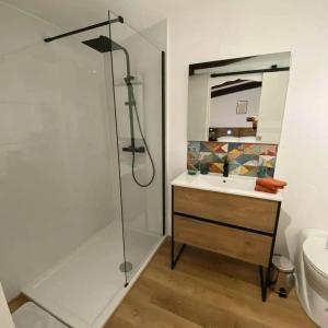 a bathroom with a shower and a sink and a toilet at Lou Cantou in Nègrepelisse