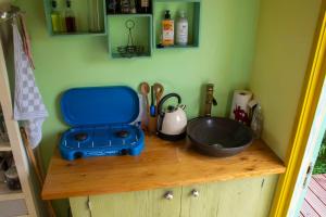 um balcão de cozinha com um lavatório e um aparelho azul em de Veldwachter em 't Zand