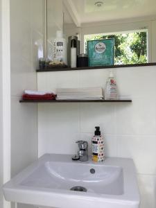 een witte wastafel in een badkamer met een spiegel bij de Veldwachter in 't Zand