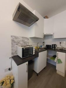a small kitchen with a microwave on a counter at Studio in London with free parking on premises in Thornton Heath