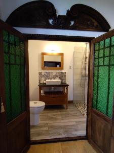 a bathroom with a toilet and a sink and a mirror at Château de Chauvac - Chambres et table d'hôtes avec vue sur la rivière in Bassignac-le-Bas +34 photos