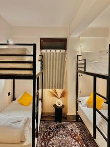 Pokój wieloosobowy z 2 łóżkami piętrowymi i dywanem w obiekcie Tashila Hostel w mieście Gangtok