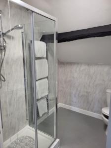 a bathroom with a glass shower stall with towels at The Bird in Hand in Stourport
