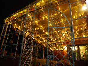 a building with christmas lights on the ceiling at The Nest Guest House in Changunarayan