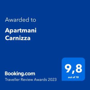 Sertifikatas, apdovanojimas, ženklas ar kitas apgyvendinimo įstaigoje Apartmani Carnizza matomas dokumentas