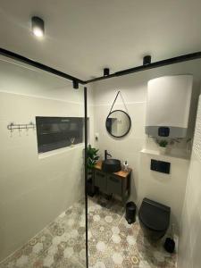 a bathroom with a black toilet and a sink at Stodoła na polanie in Poronin