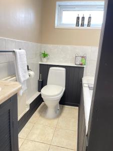 a bathroom with a white toilet and a sink at Lovely Dog Friendly, 3 Bed Home Sleeps 8, with Parking & Fenced Garden WORK CONTRACTOR LEISURE, JASPER in Cambridge