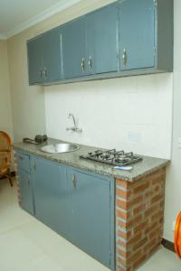 - une cuisine avec un évier et des placards bleus dans l'établissement Avon Garden Apartments Area 25, à Lilongwe