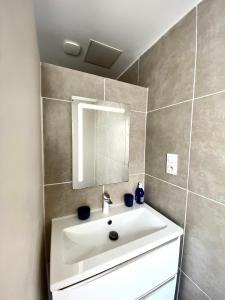 een badkamer met een witte wastafel en een spiegel bij Spacieux, Climatisé, Quartier Calme, Proche Château, Le Cocon De Joy in Carcassonne