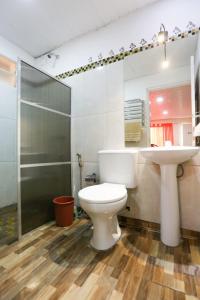 een badkamer met een toilet, een wastafel en een douche bij Apart Hotel Las Violetas in Candelaria