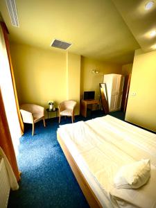 a hotel room with a bed and two chairs at Hotel Torontal in Timişoara