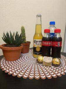 una mesa con tres botellas de coca cola y una planta en Apartamento ao lado da UFSC, en Florianópolis