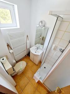 an overhead view of a bathroom with a toilet and sink at Casa RAI in Predeal
