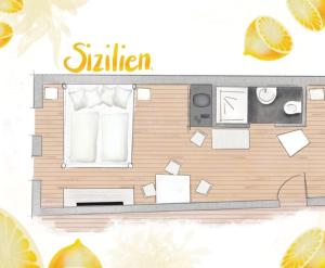 a floor plan of a room with lemons at H+M Boarding Houses in Lauf an der Pegnitz +30 photos