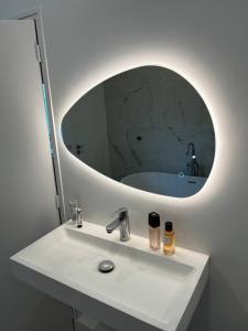 een badkamer met een witte wastafel en een spiegel bij Brand new Tiny House w garden in Saint-Cloud