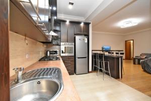 a kitchen with a stainless steel refrigerator and a sink at Prime Apartment 2 Bedroom In The Center Of Yerevan,Near Republic Square in Yerevan