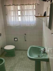een badkamer met een groene wastafel en een toilet bij Aconchegante casa nas montanhas de Serra Negra in Serra Negra