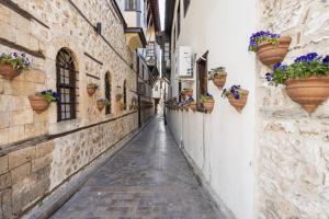 an alley in an old town with flowerpots on the walls at Charming Flat near Hadrians Gate in Antalya