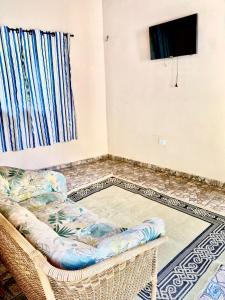 a living room with a couch and a television at Chácara das Suculentas in Mairiporã