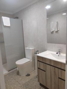 W łazience znajduje się toaleta, umywalka i lustro. w obiekcie Apartamentos Tarahal w mieście San Agustin