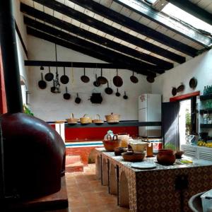 une cuisine avec des casseroles et des poêles accrochées au mur dans l'établissement ex hacienda molino de pedreguera, à San Roque