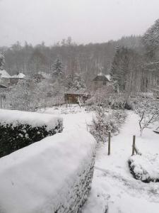 a yard covered in snow with a fence at Ferienwohnung Natur pur Mühlental Wernigerode in Wernigerode