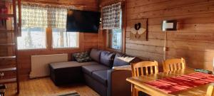 ein Wohnzimmer mit einem Sofa und einem Tisch in der Unterkunft Punatulkku in Kalajoki