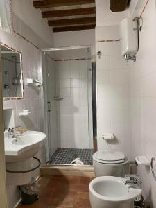 La salle de bains est pourvue d'une douche, de toilettes et d'un lavabo. dans l'établissement Le Case Gialle, à Gualdo Cattaneo
