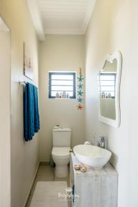 a bathroom with a sink and a toilet and a mirror at Forever Blue in St. Helena Bay