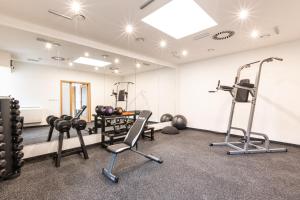 a gym with tread machines and weights in a room at The Hotel Fitzgerald in Prague