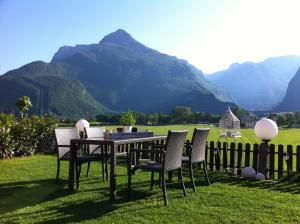 a table and chairs with mountains in the background at Hunter's Chalet, up to 10 p, terrace with amazing mountainview, 200 qm garden, BBQ&bikes&sunbeds for free in Golling an der Salzach