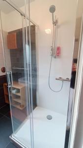 a shower with a glass enclosure in a bathroom at HIDDEN GEM Centre of BRUGES free PARKING in Bruges