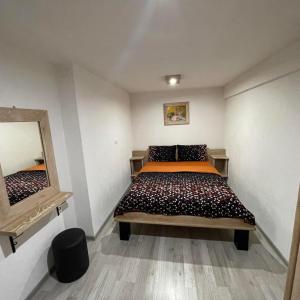 a small bedroom with a bed and a mirror at Apartman Anna Budva in Budva