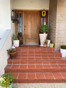 a front door of a house with potted plants at Barrosa House in Vila Praia de Âncora