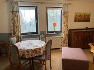 - une salle à manger avec une table, des chaises et des fenêtres dans l'établissement Ferienwohnung Prüfer, à Greiz
