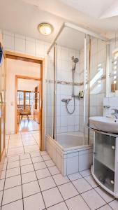 a bathroom with a shower and a tub and a sink at Ferienwohnung Schmölzer in Roßhaupten