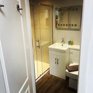 a bathroom with a shower and a sink and a toilet at Sheildaig Farm in Balloch