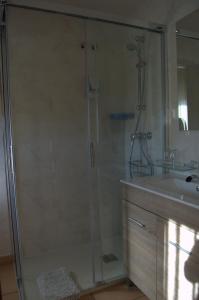 a shower with a glass door next to a sink at Hotel Restaurante Val in Antas de Ulla