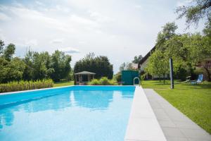 克拉根福的住宿－Schlossgut Gundersdorf，一座房子的院子内的游泳池